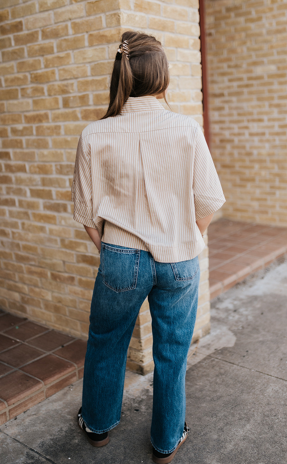 Tan Striped S/S Cropped Button Down CS11699