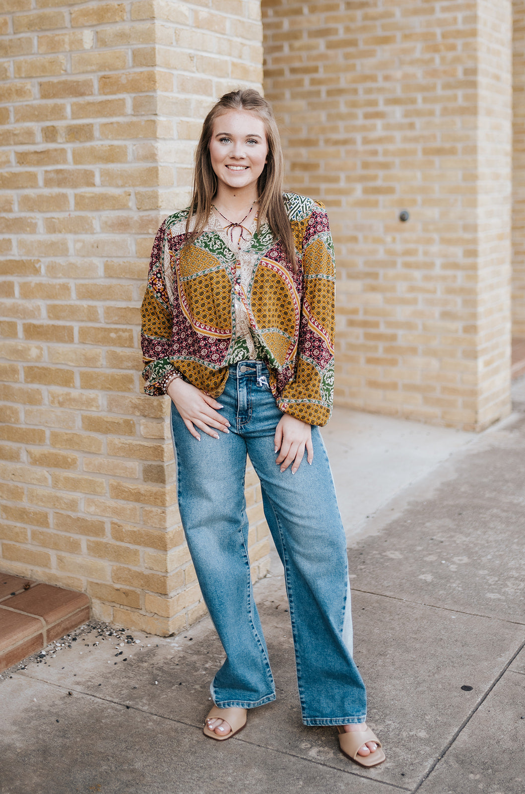 Taupe/Ember Paisley Button Down Tassel Blouse VMP10882