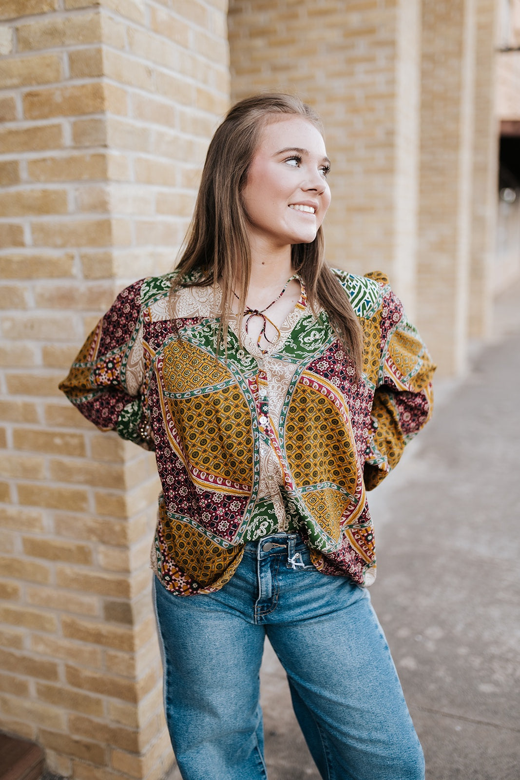 Taupe/Ember Paisley Button Down Tassel Blouse VMP10882