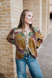 Taupe/Ember Paisley Button Down Tassel Blouse VMP10882