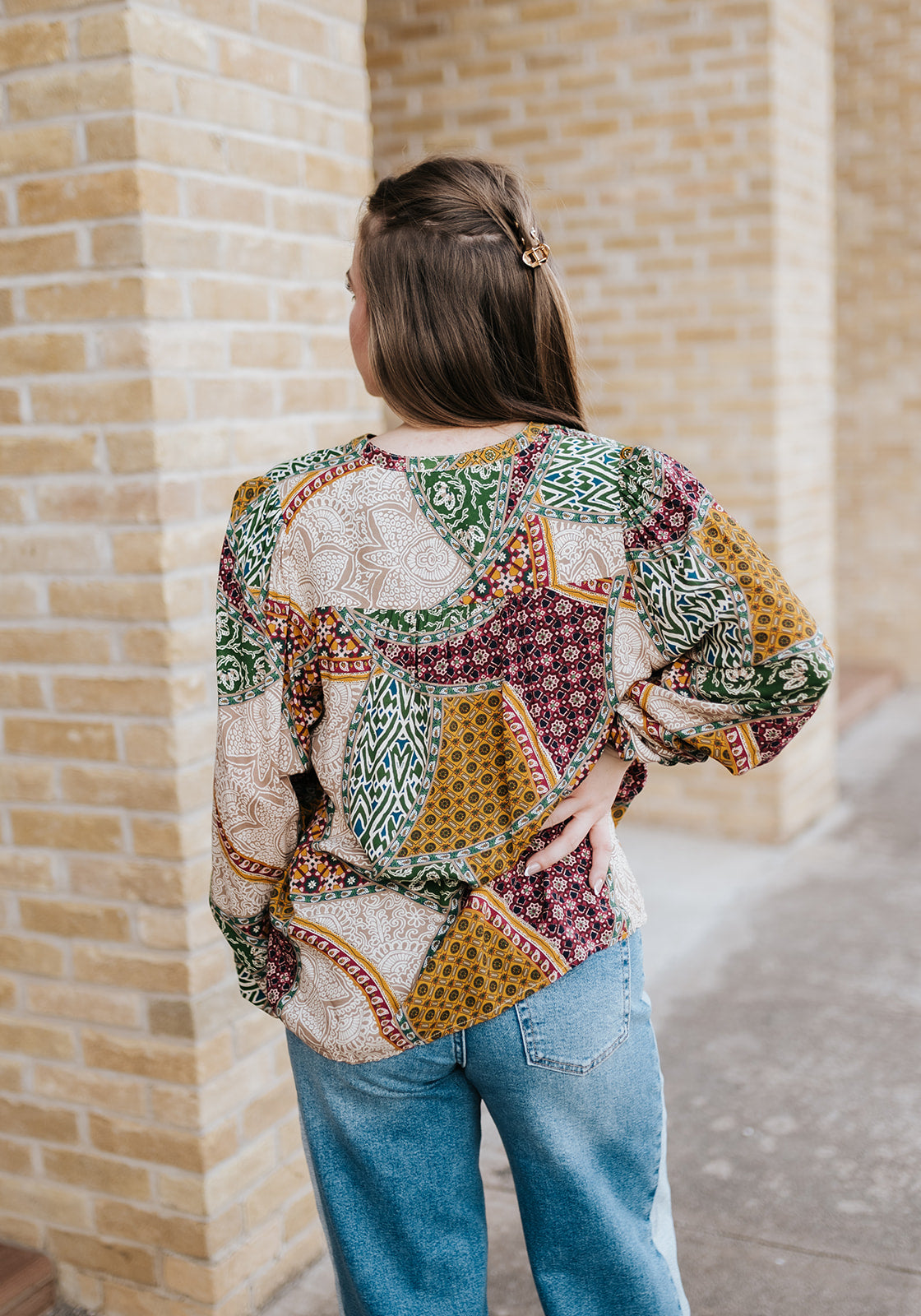 Taupe/Ember Paisley Button Down Tassel Blouse VMP10882