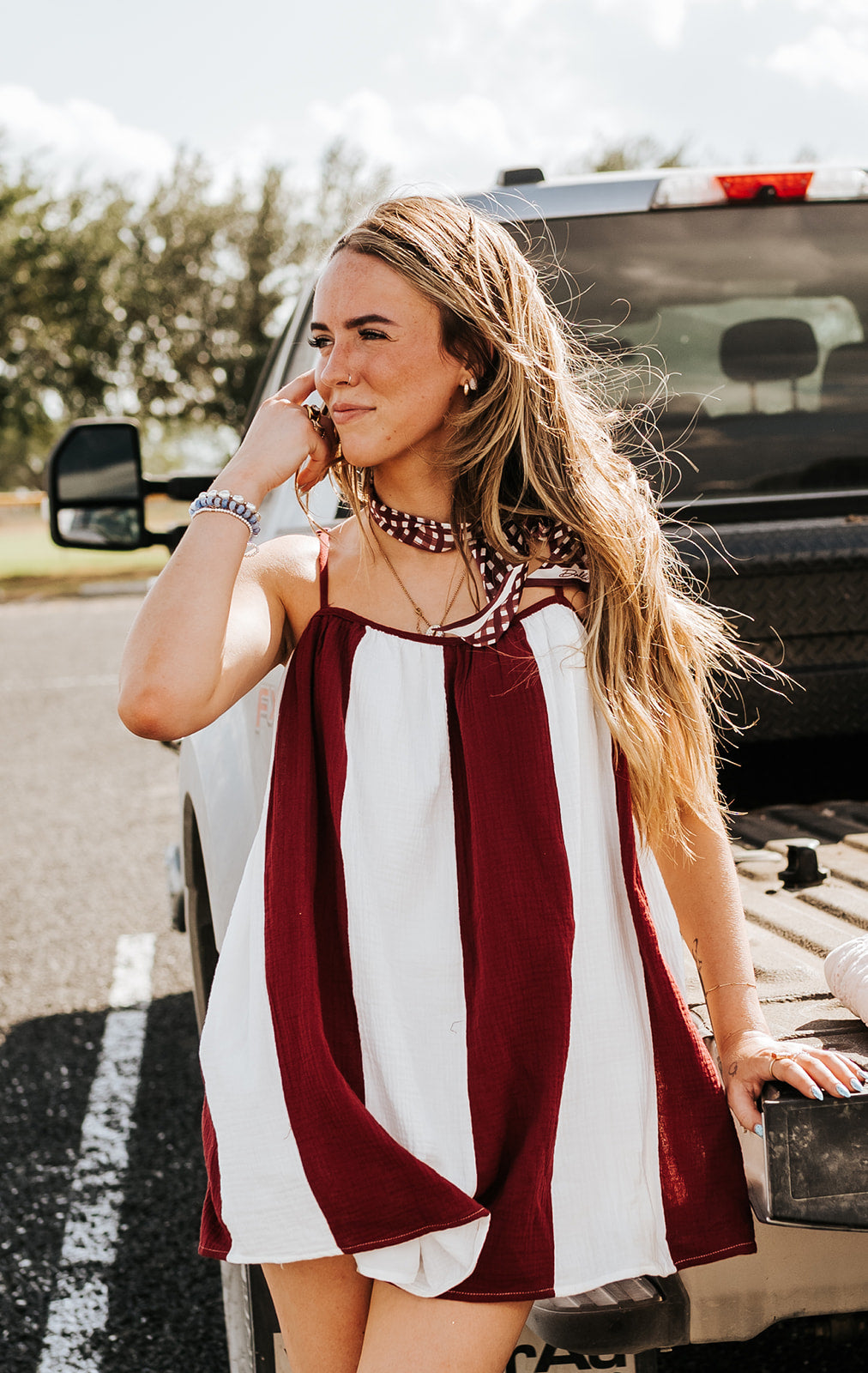Maroon/White Striped Oversized Romper CR18069