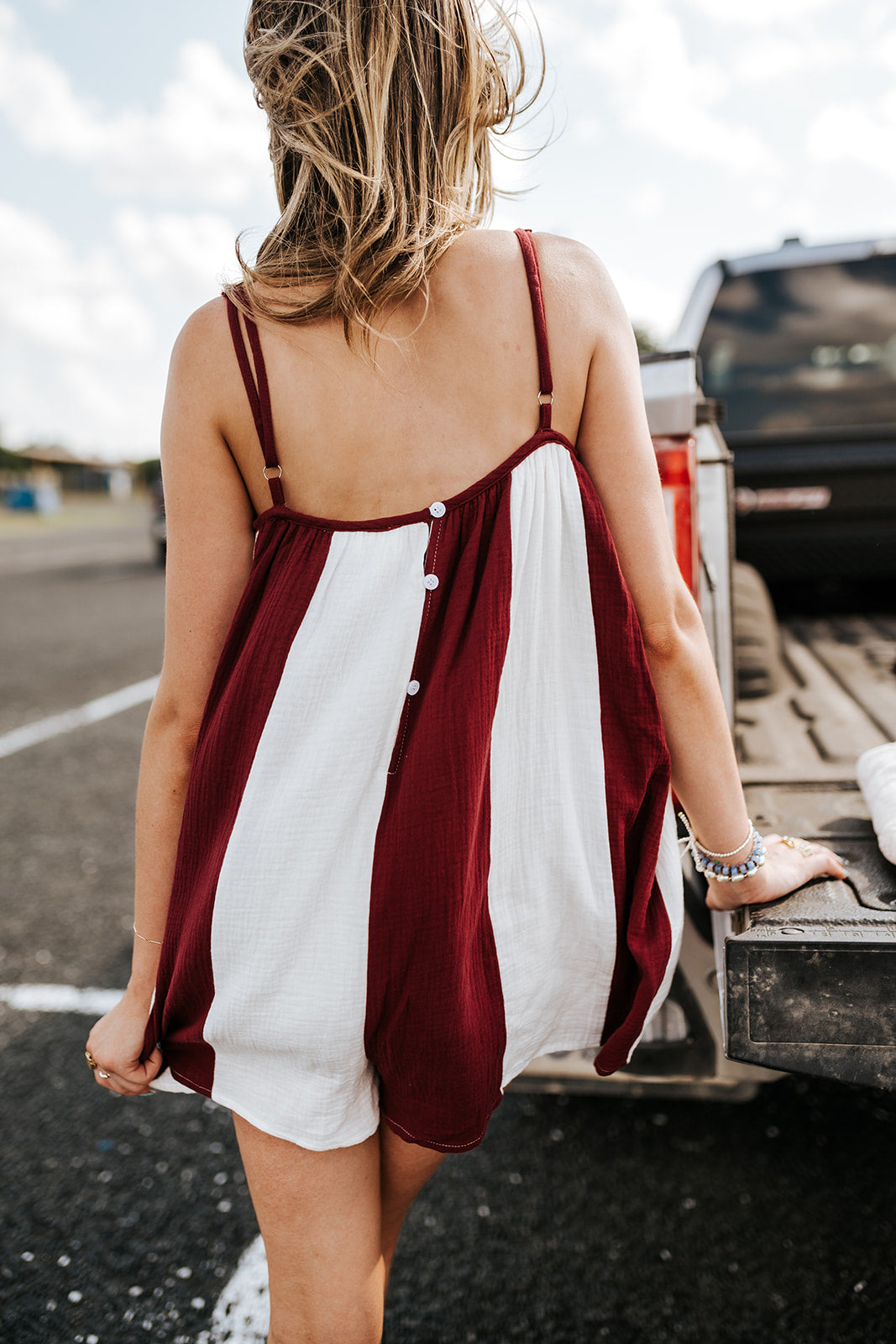 Maroon/White Striped Oversized Romper CR18069