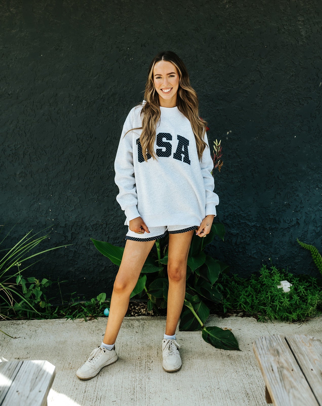Pearl Grey Navy Blue Polka Dot USA Mockneck