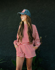 Red/White Striped Elastic Knit Short IP5747