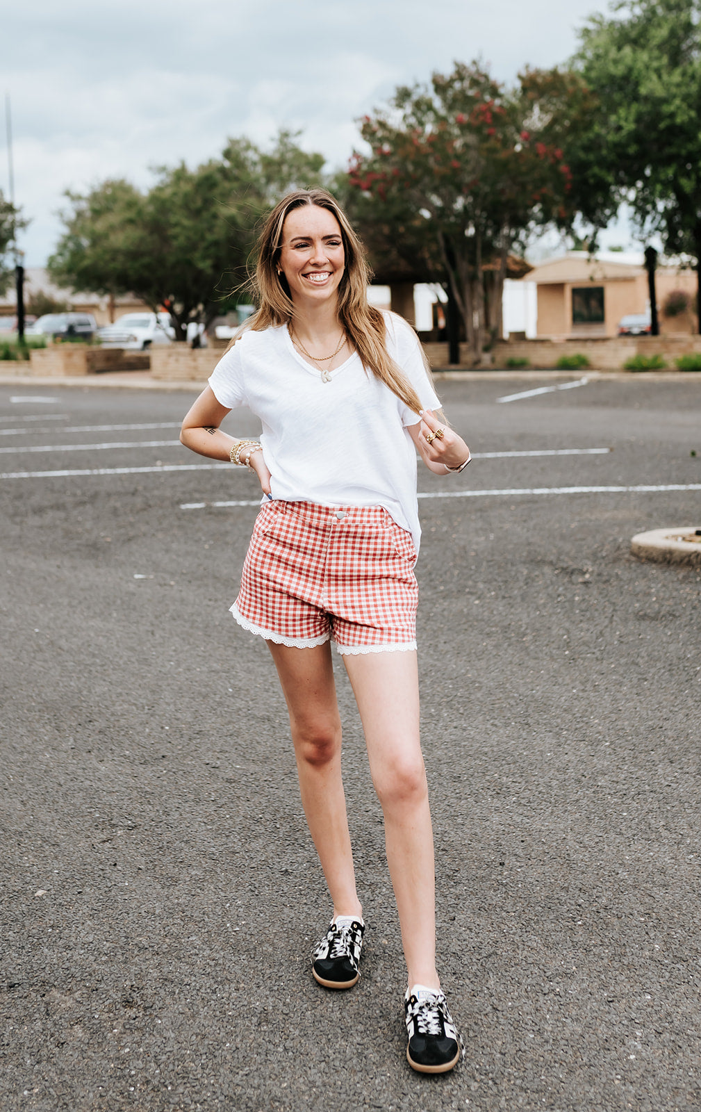 Cream/Red Gingham and Lace Denim Shorts JP8076