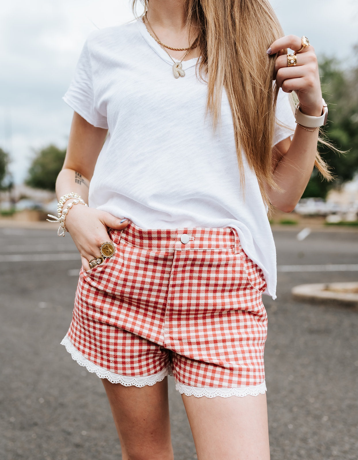 Cream/Red Gingham and Lace Denim Shorts JP8076