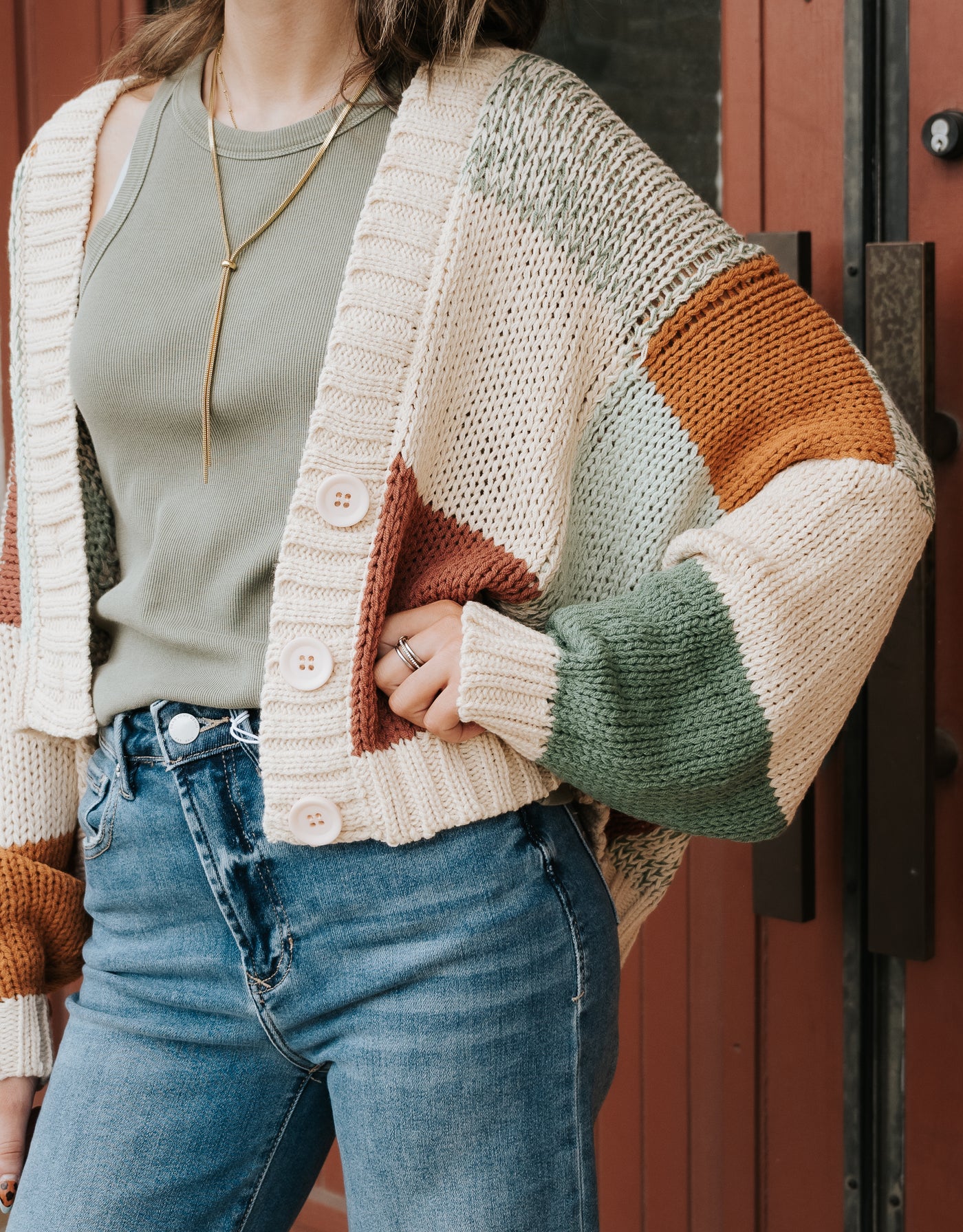 Color Block Crochet V Neck Cardigan MT40637
