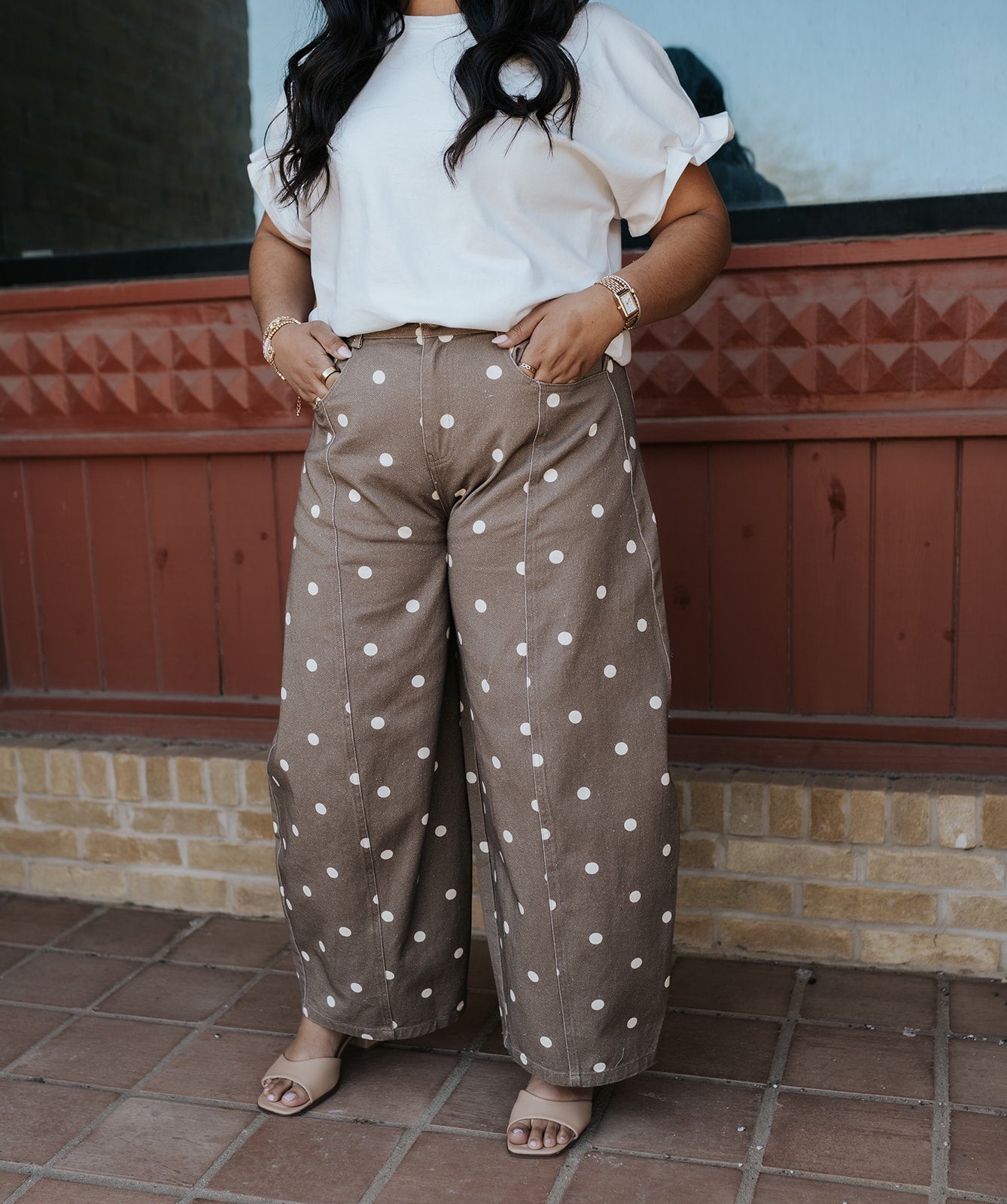 Brown Polka Dot Printed Wide Denim Pants IP200313-09
