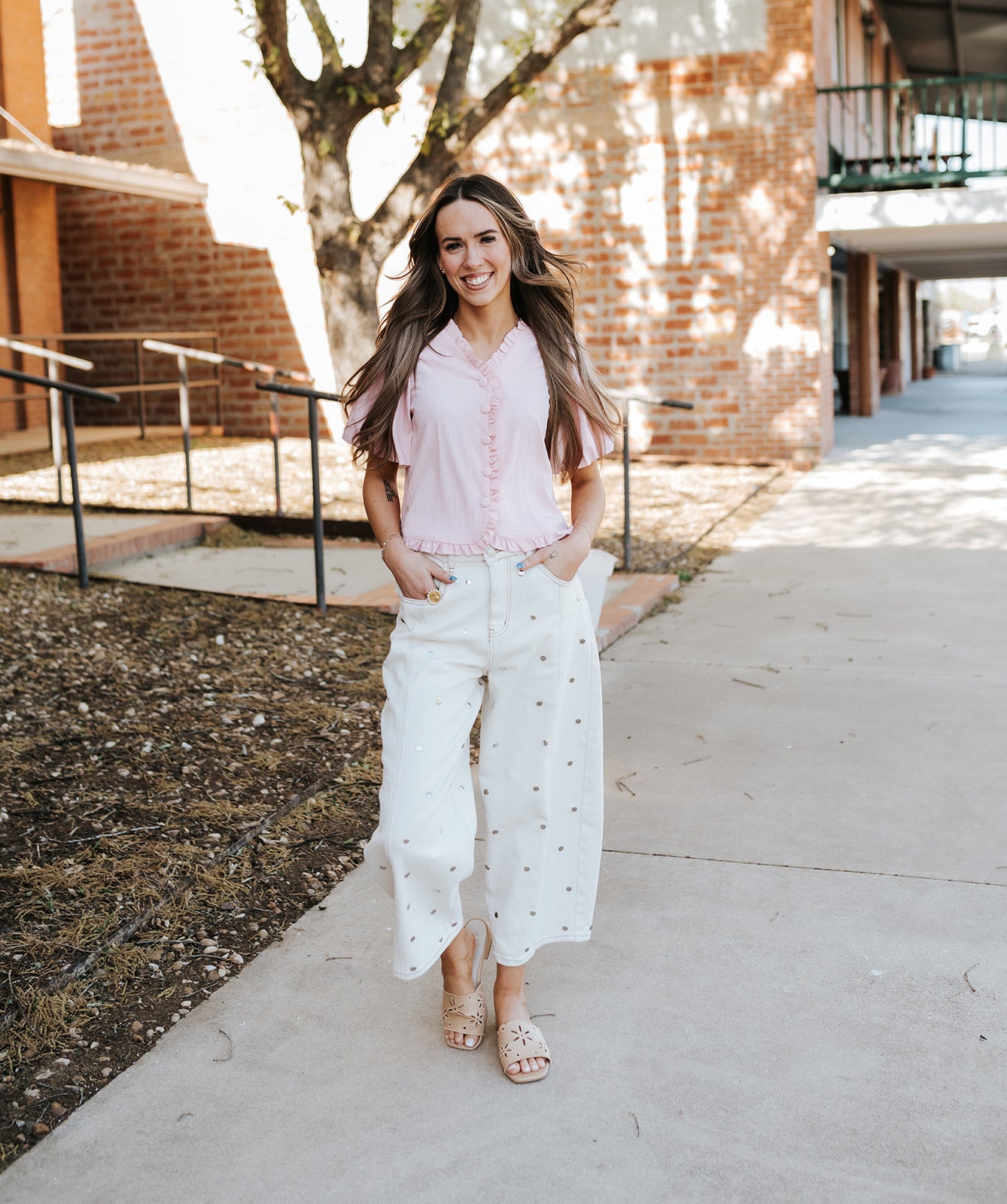 Cream Studded Barrel Denim Pants IP1390-A