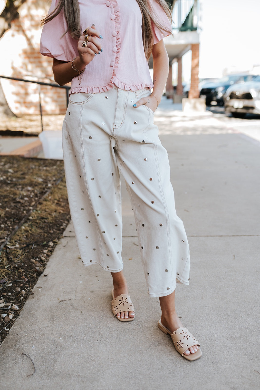 Cream Studded Barrel Denim Pants IP1390-A