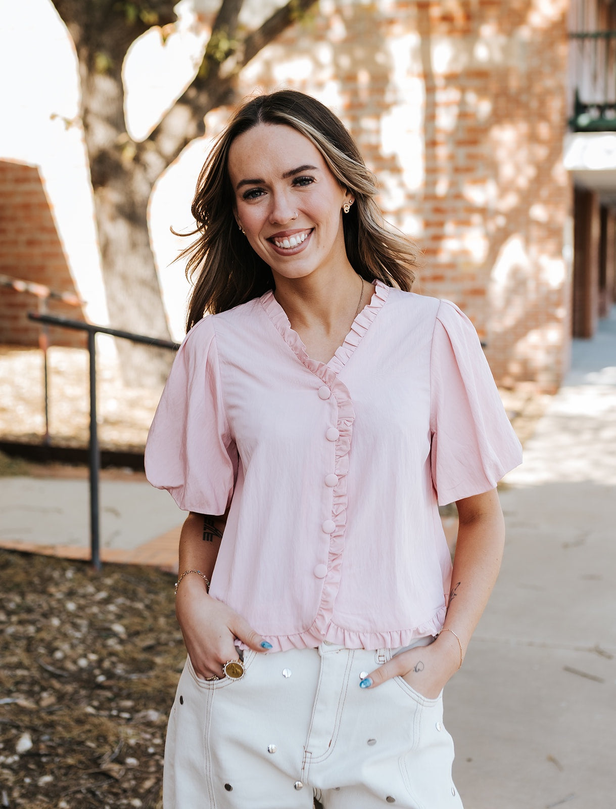 Pink Ruffle Detail Bubble Sleeve Top VB119838