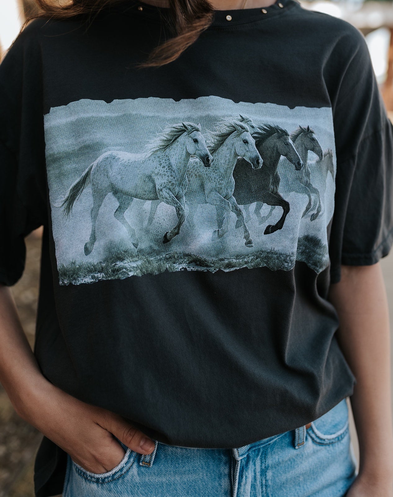 Vintage Black Galloping Horses Big Boy Tee