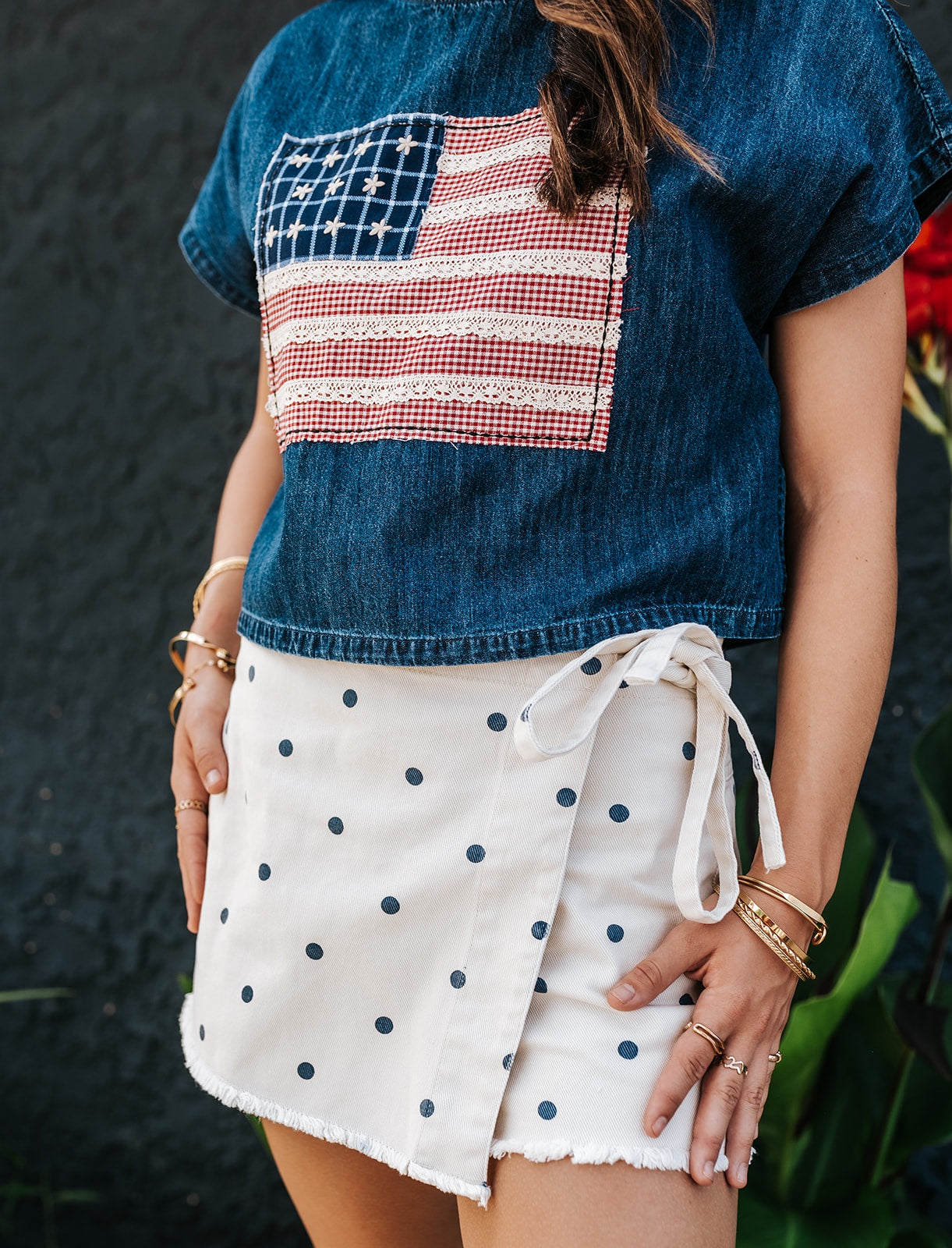 Cream/Navy Polka Dot Denim Skirt IS200854-02
