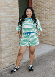 Green/Blue Terry Striped Shorts A3927