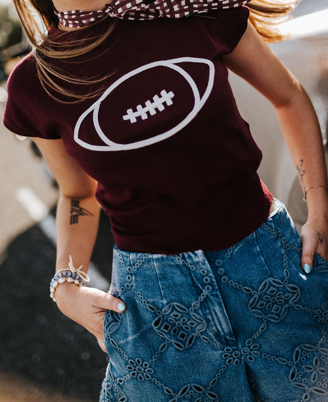 Maroon Football Outline Cap Sleeve Sweater CSW18024