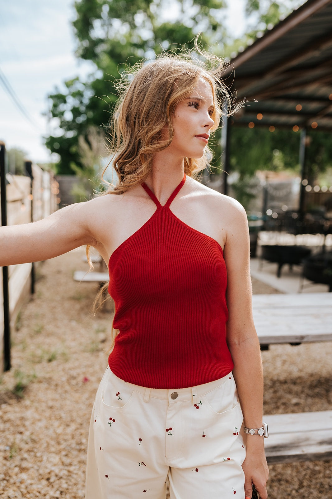 Red Halter Neck Ribbed Top MWT21013