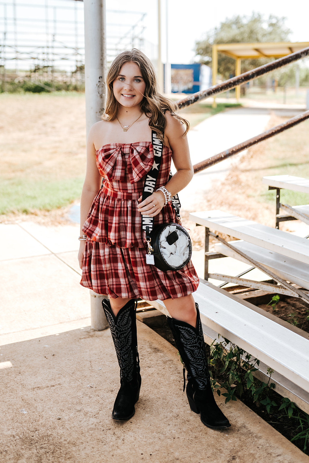 Red Plaid Bow Detail Strapless Dress CD06509