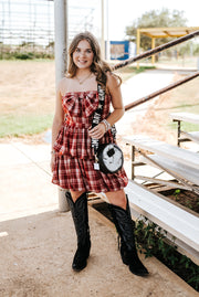 Red Plaid Bow Detail Strapless Dress CD06509