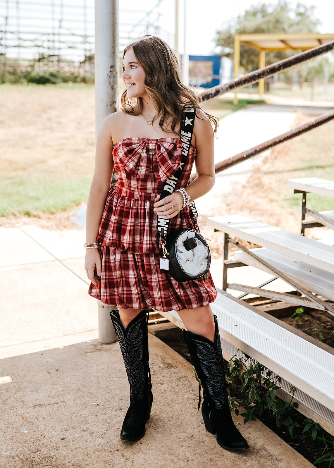 Red Plaid Bow Detail Strapless Dress CD06509