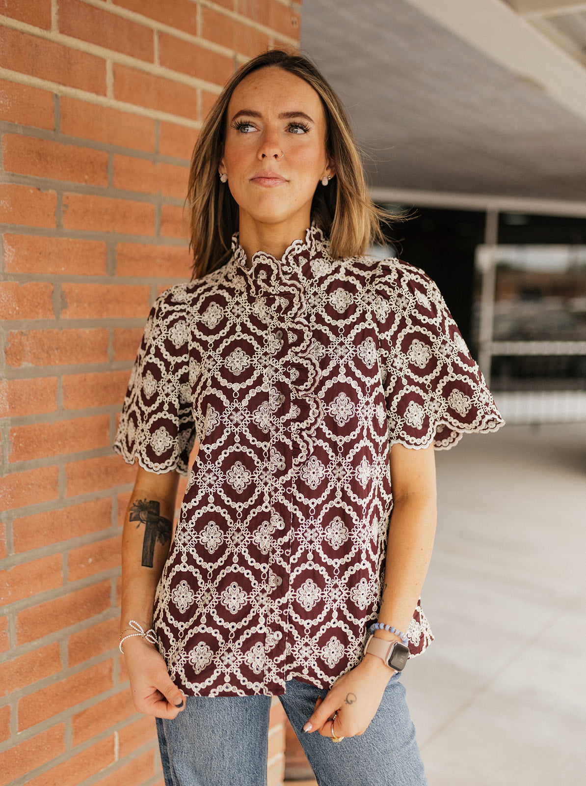 Plum Embroidered Scallop Puff Sleeve Top T32383