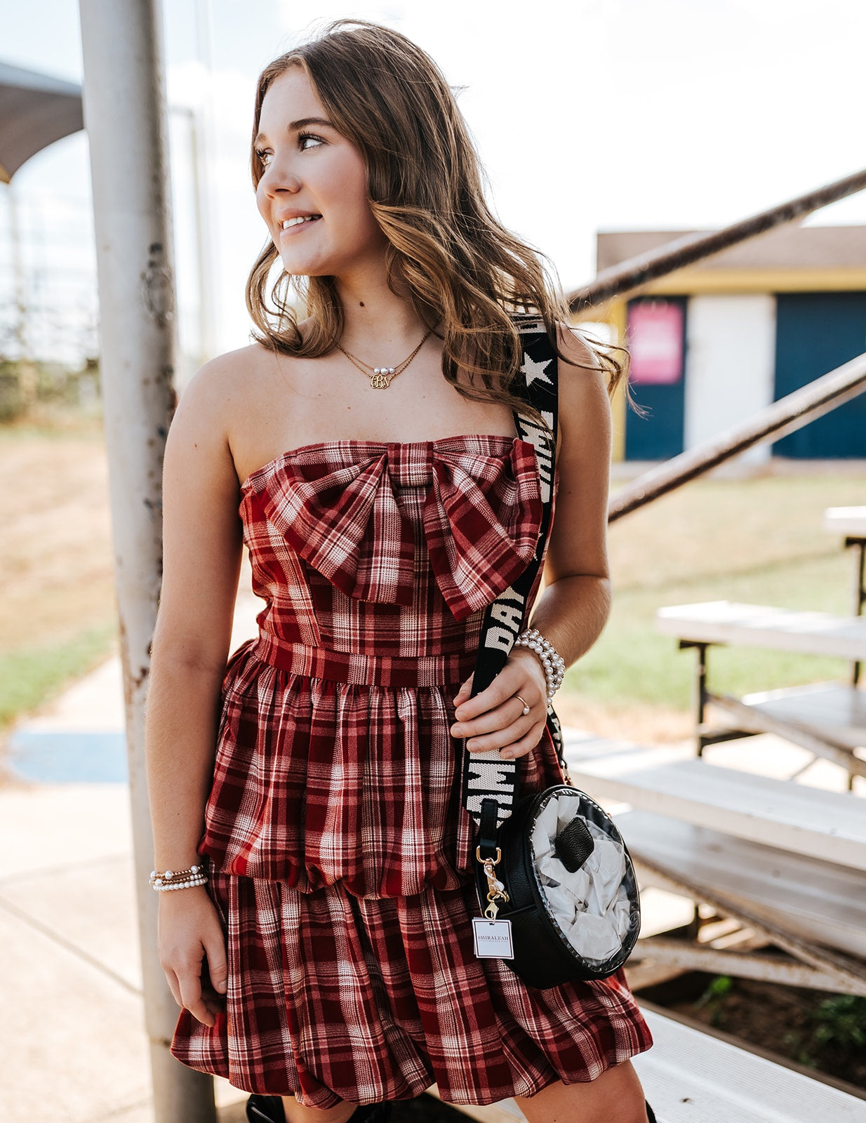 Red Plaid Bow Detail Strapless Dress CD06509