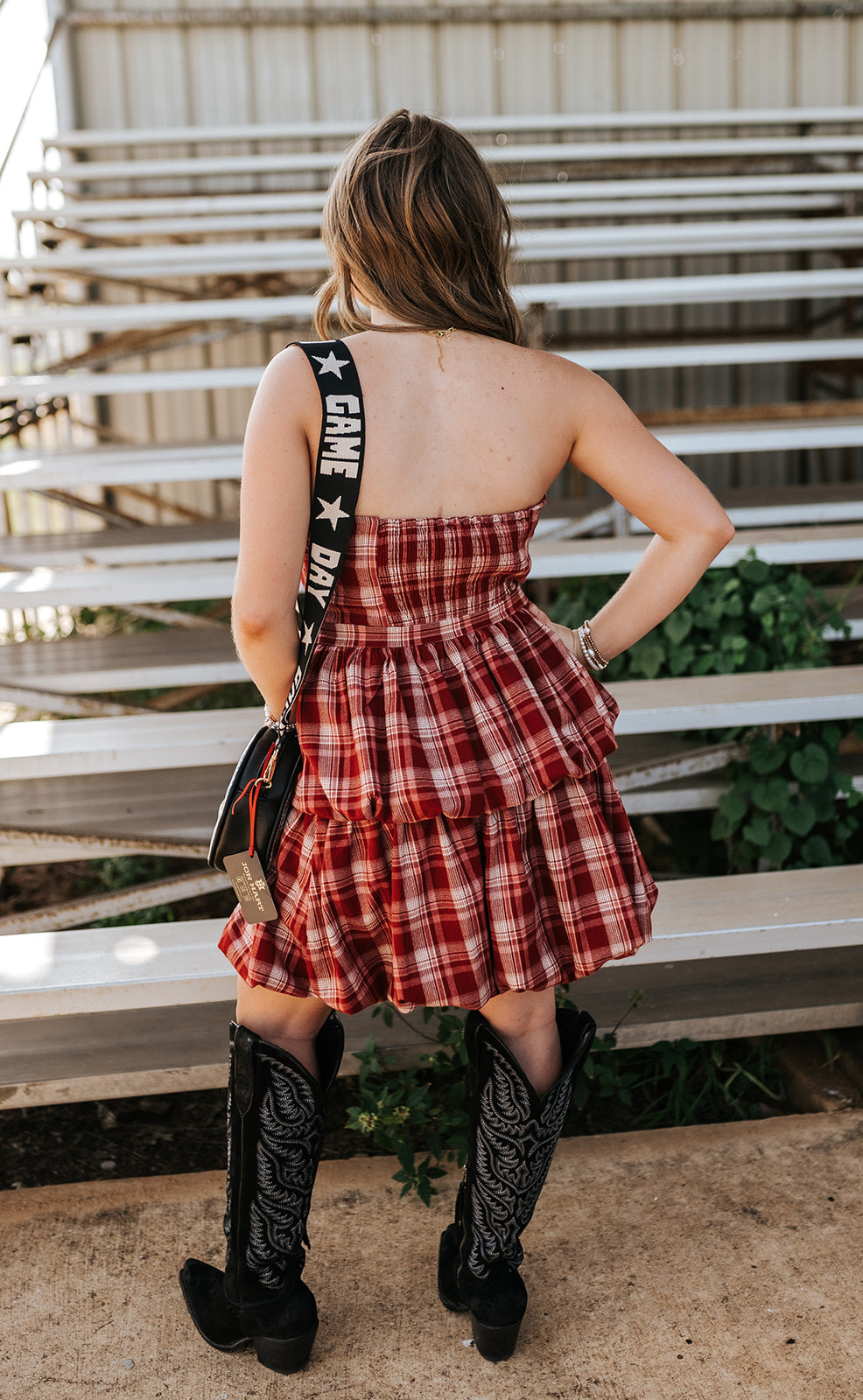 Red Plaid Bow Detail Strapless Dress CD06509