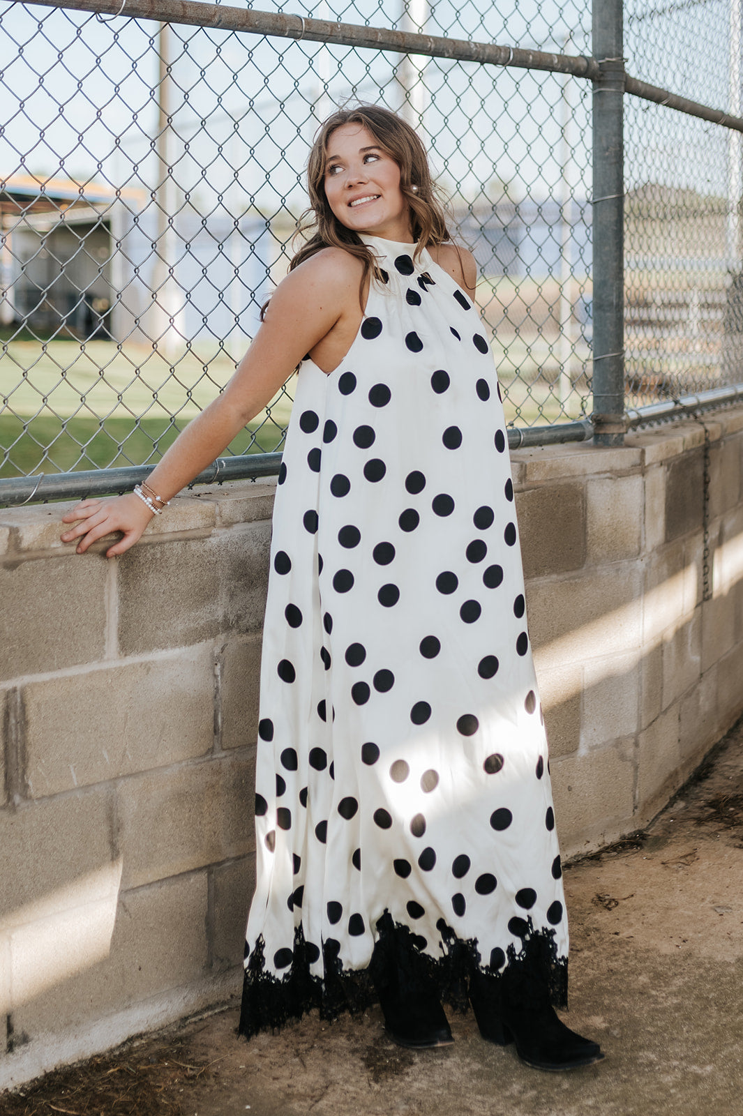 Polka Dot Lace Trim Halter Maxi Dress CD07347
