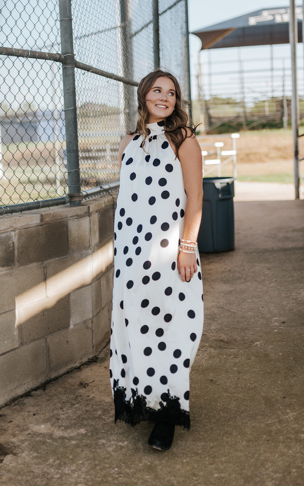 Polka Dot Lace Trim Halter Maxi Dress CD07347