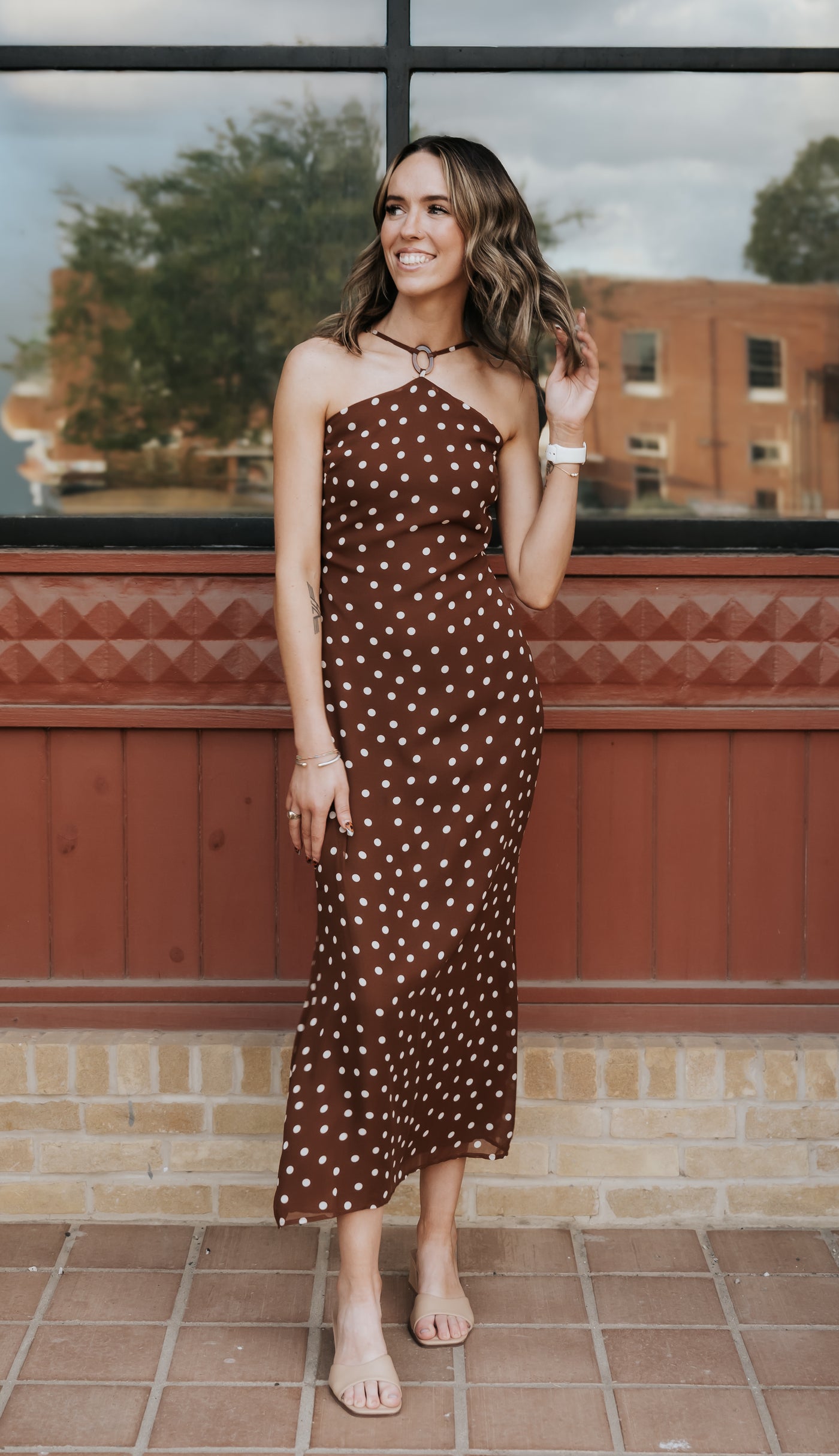 Brown Jane Polka Dot Midi Dress PCD699