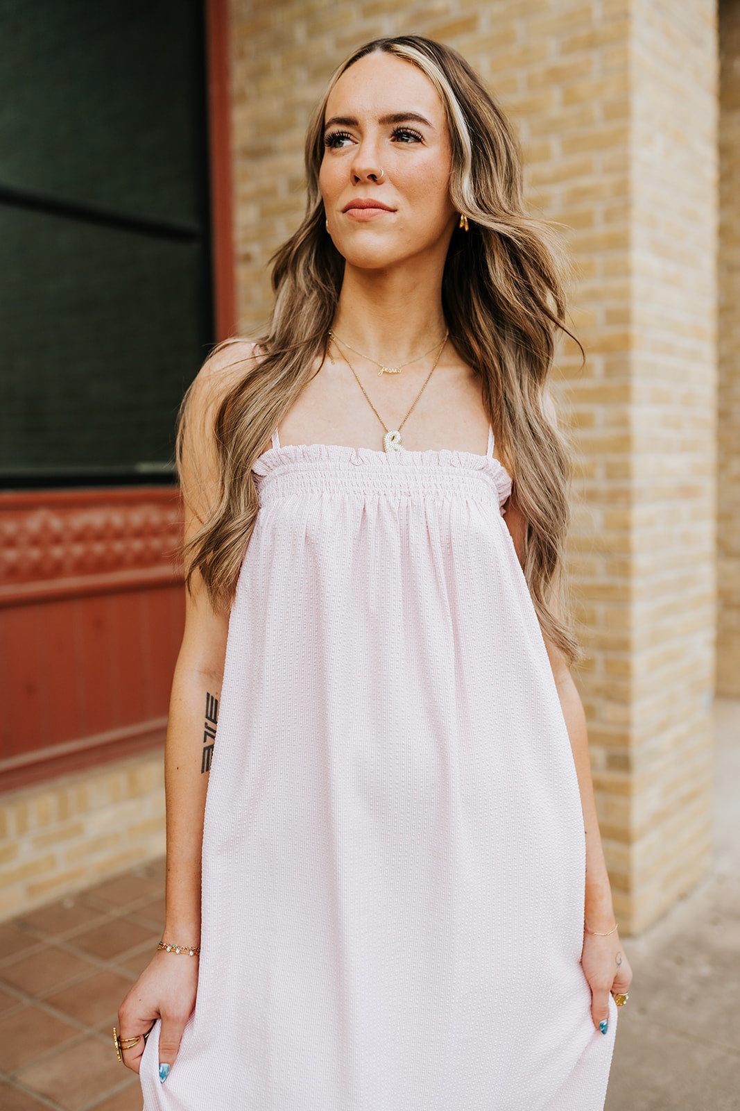 Blush/Pink Striped Sleeveless Midi Dress WL25-12509