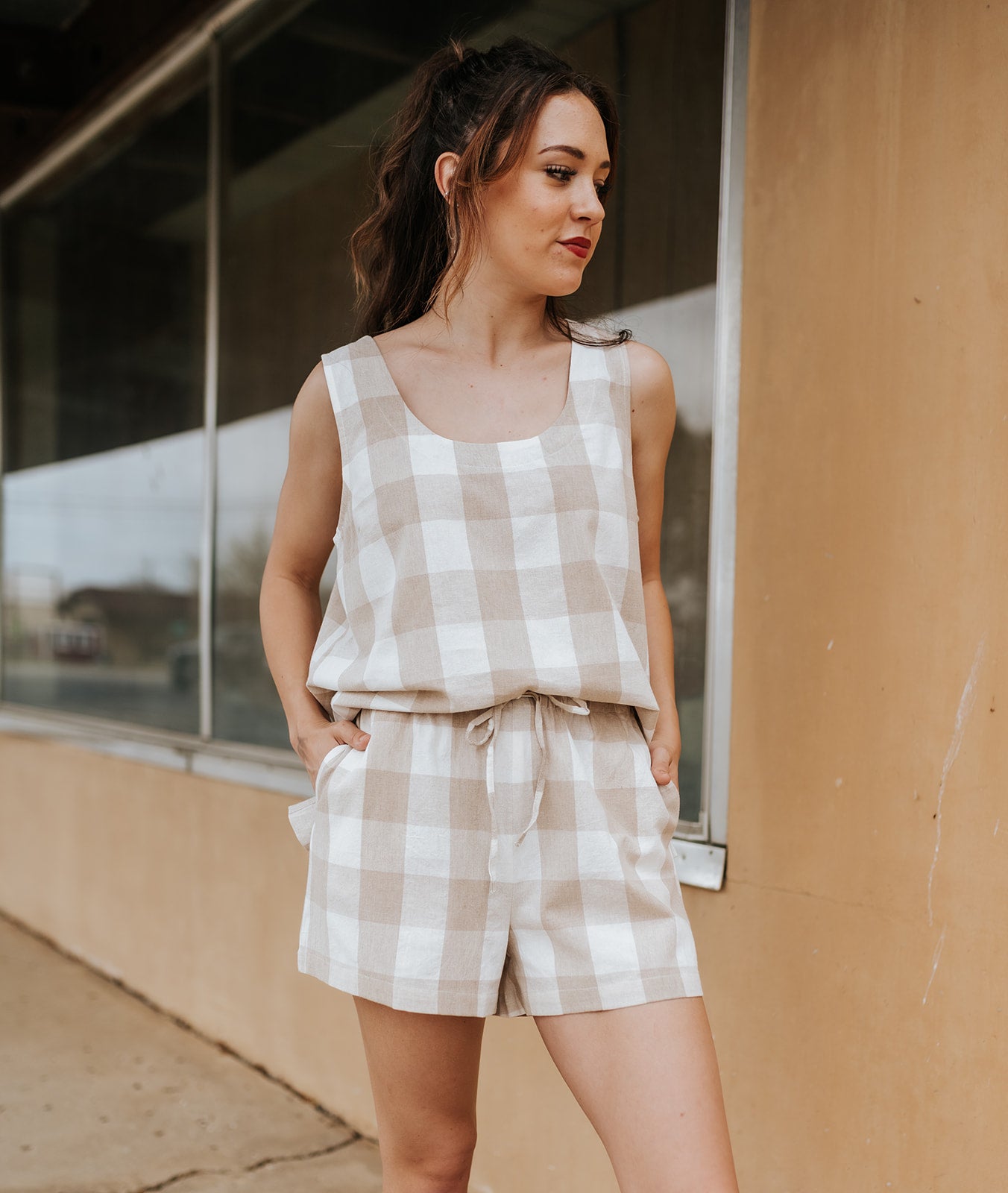 Taupe/Off White Gingham Tank and Short Set WL25-12285