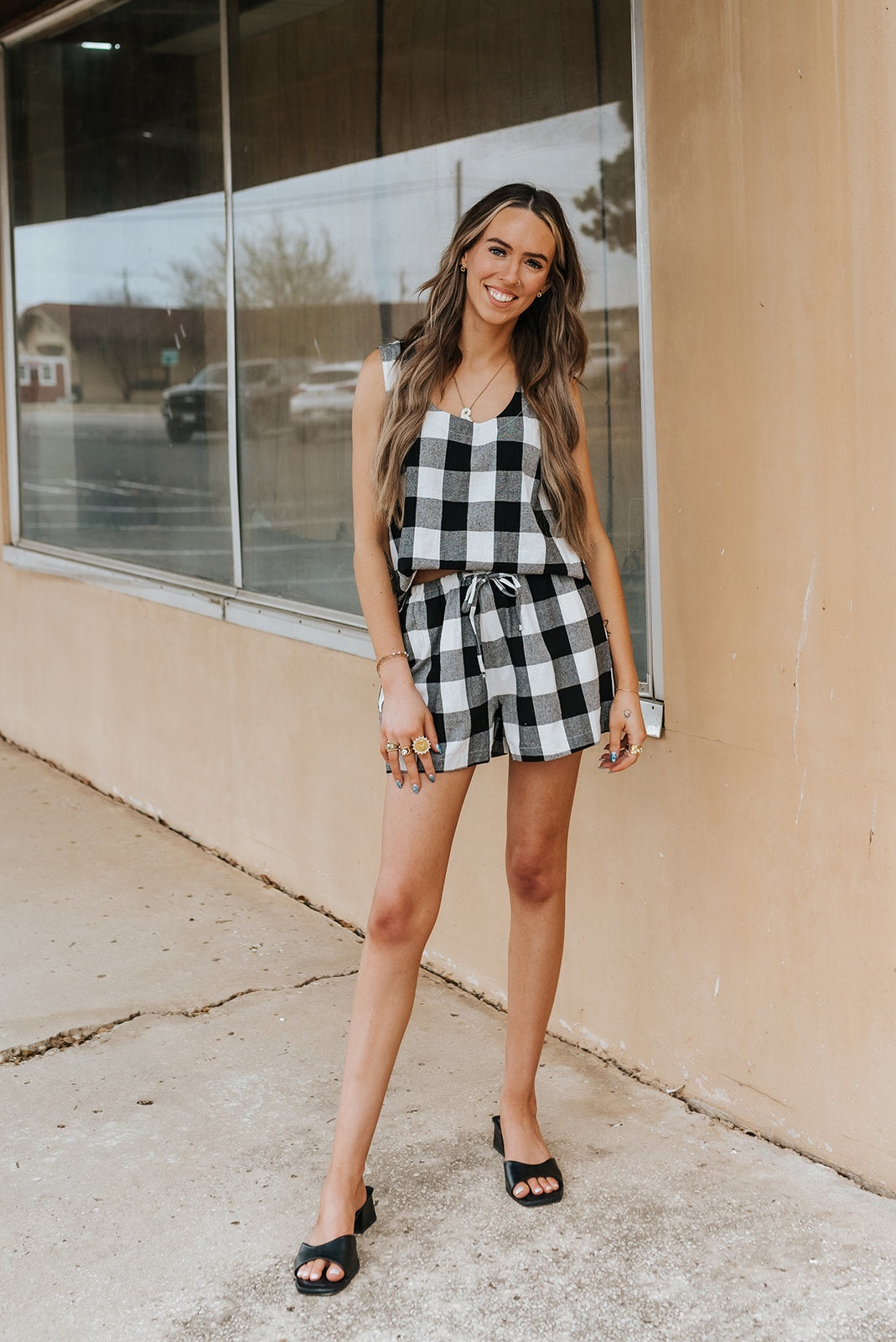 Black/Off White Gingham Tank and Short Set WL25-12285