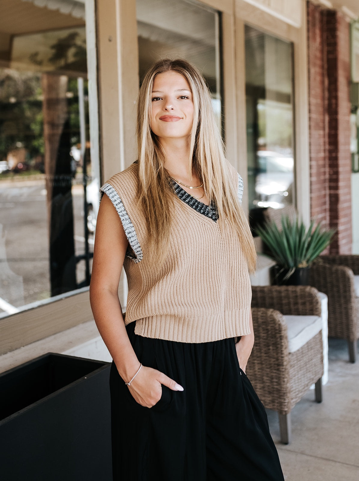 Tan/Black Trim Deep V Sweater Vest SWB11744