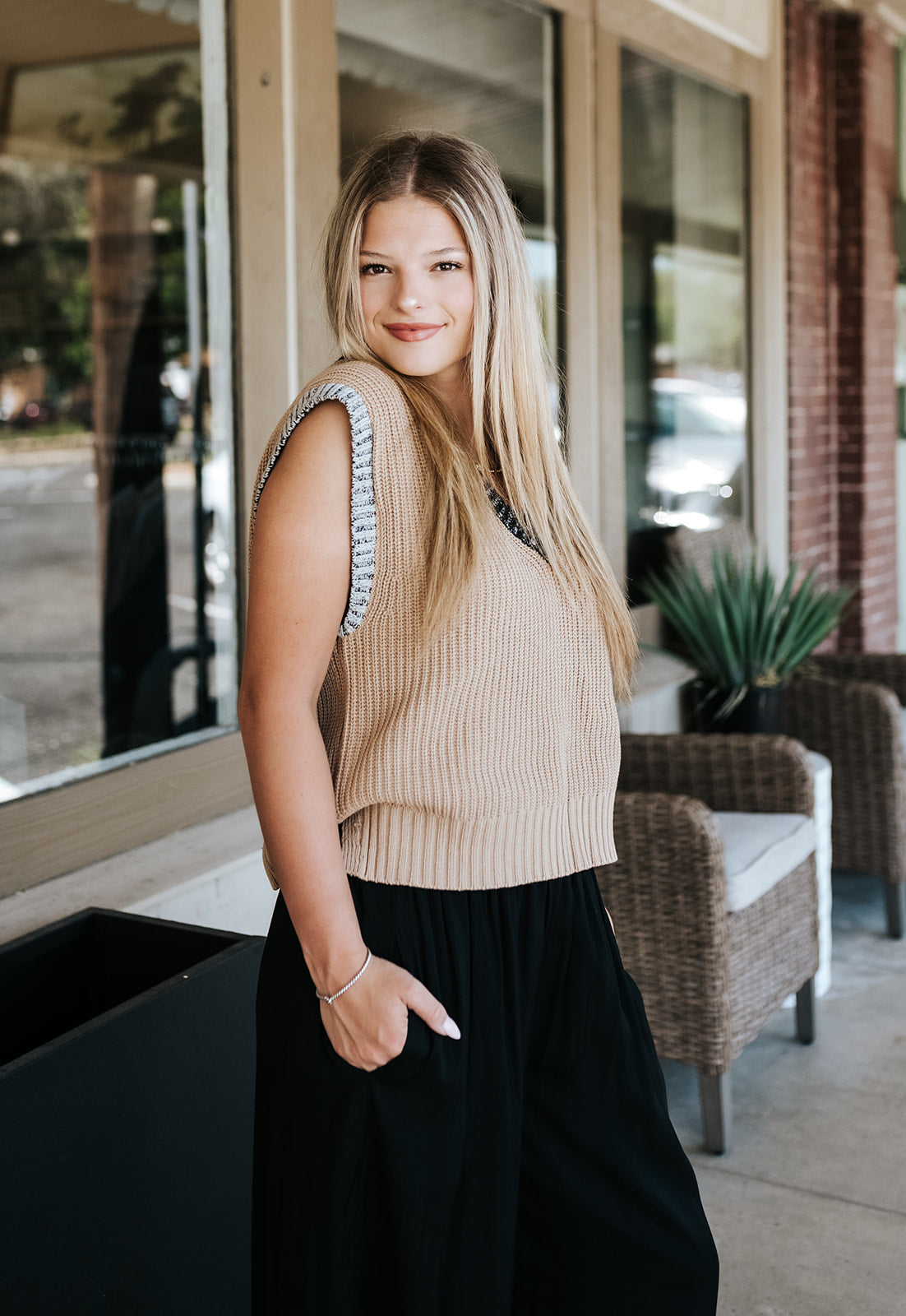Tan/Black Trim Deep V Sweater Vest SWB11744