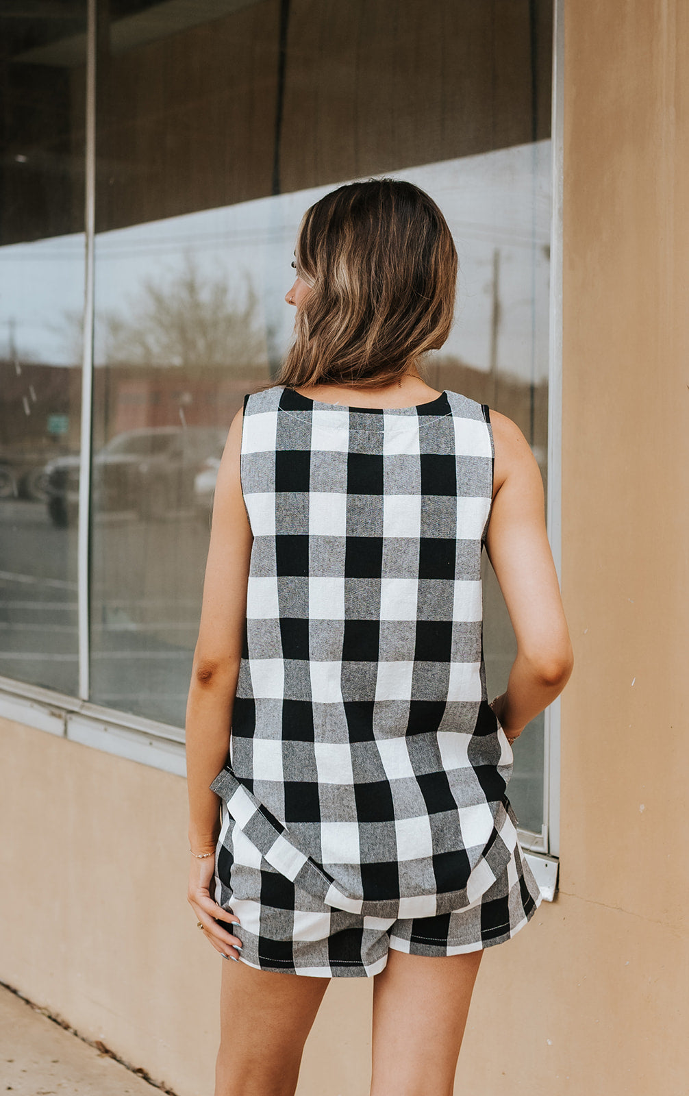 Black/Off White Gingham Tank and Short Set WL25-12285