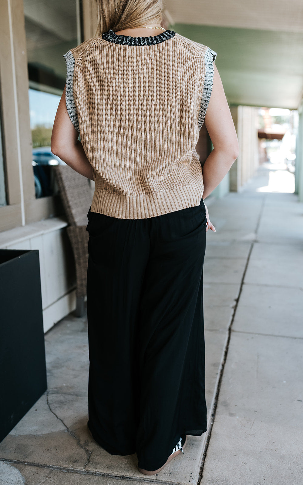 Tan/Black Trim Deep V Sweater Vest SWB11744
