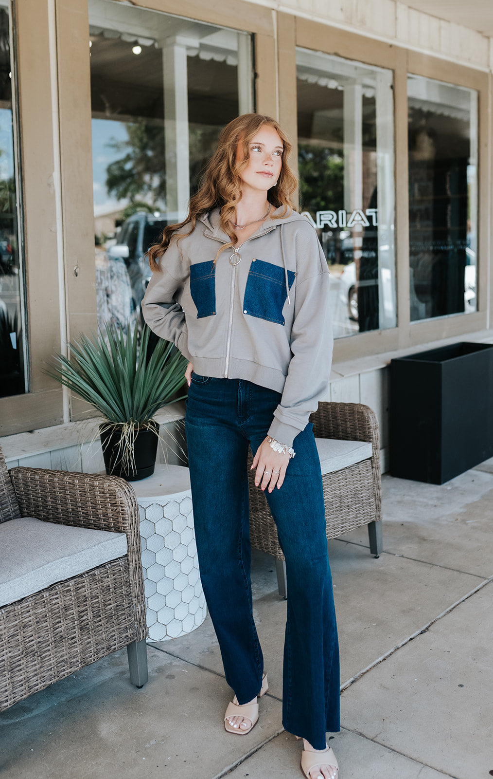 Taupe Hoodie Jacket With Denim Pockets FTD8282