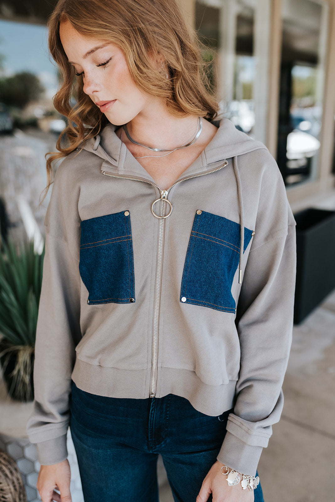 Taupe Hoodie Jacket With Denim Pockets FTD8282