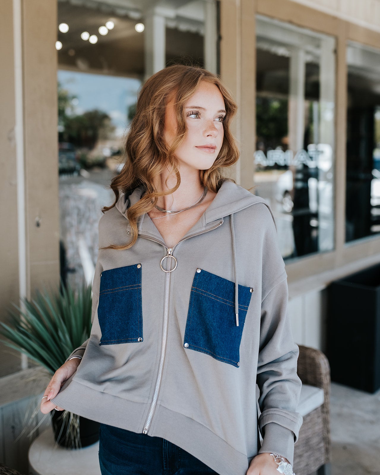 Taupe Hoodie Jacket With Denim Pockets FTD8282
