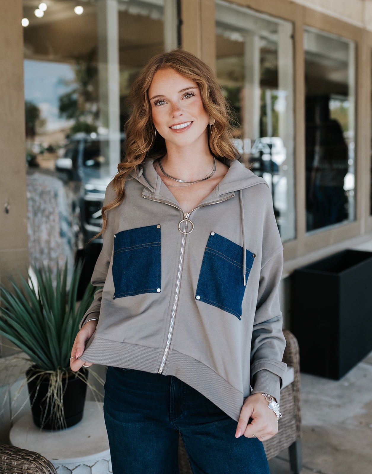 Taupe Hoodie Jacket With Denim Pockets FTD8282
