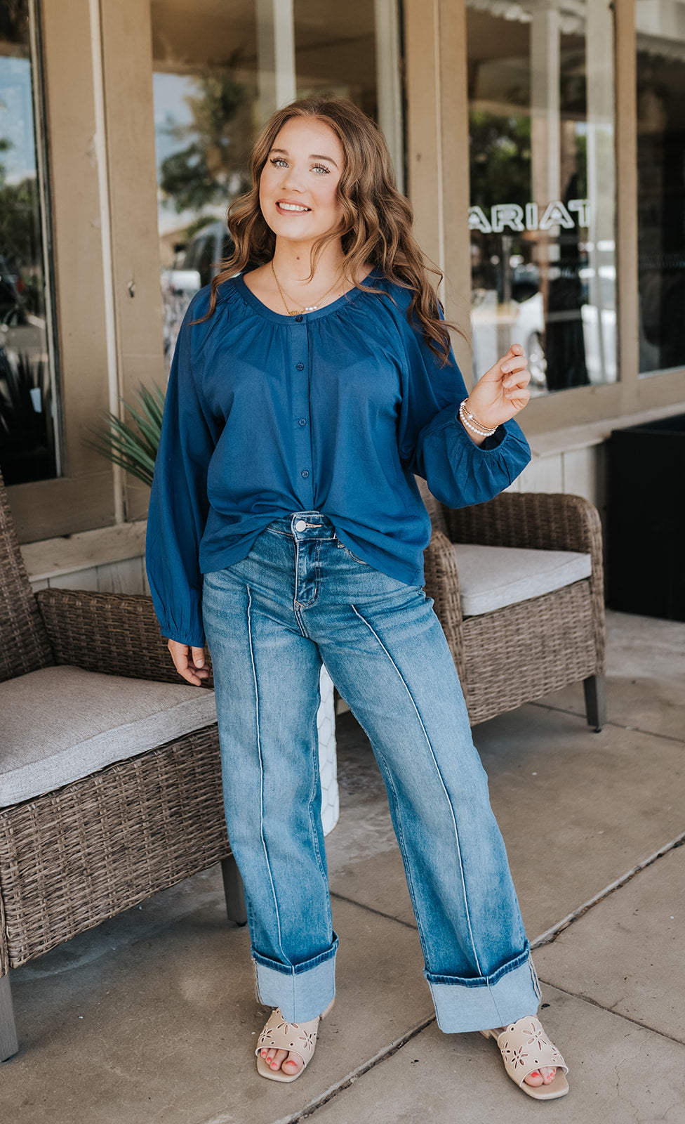 Navy Flowy Button Front Top VO11745