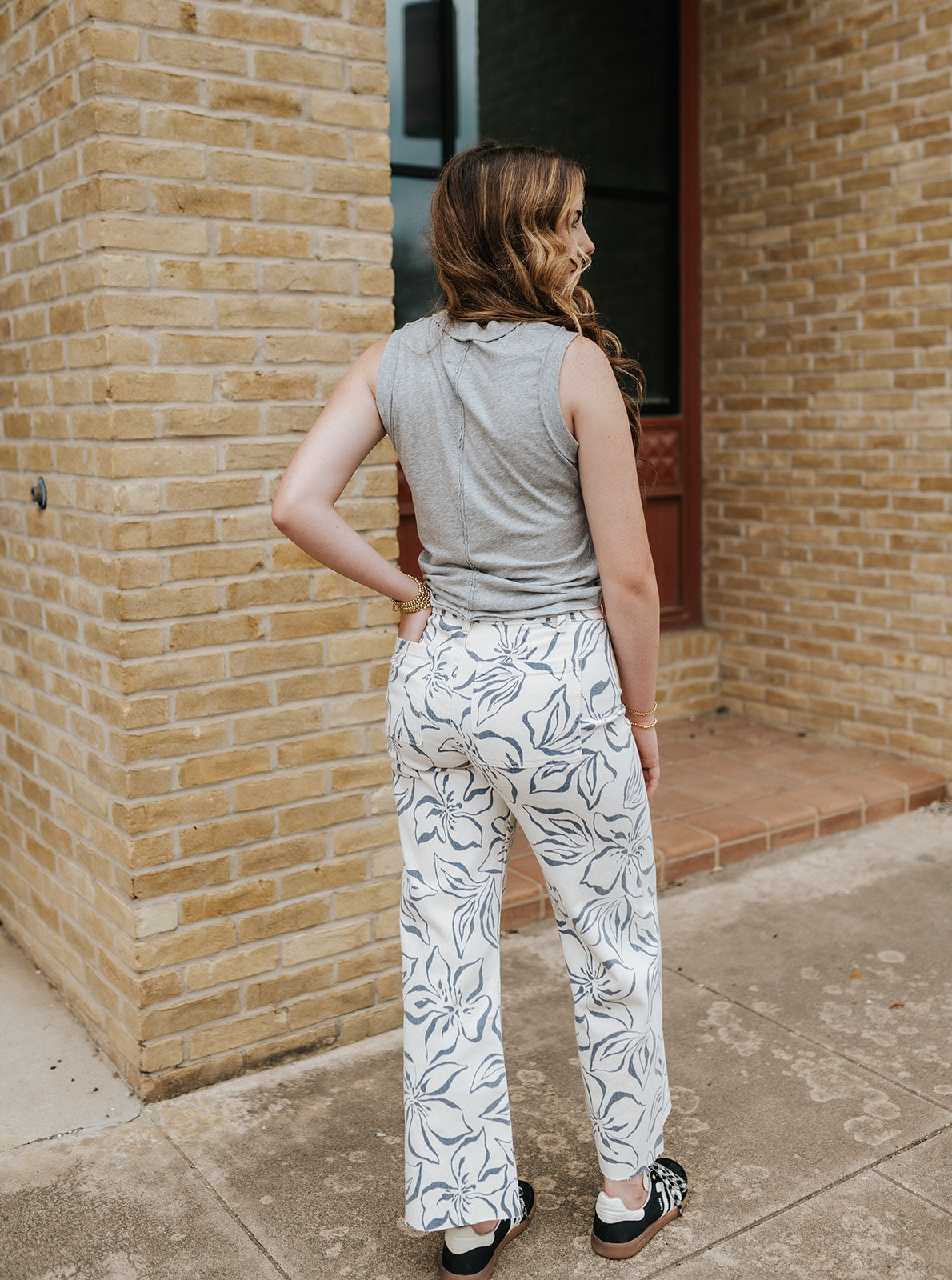 Denim Blue Floral Print Stretch Pants P6588