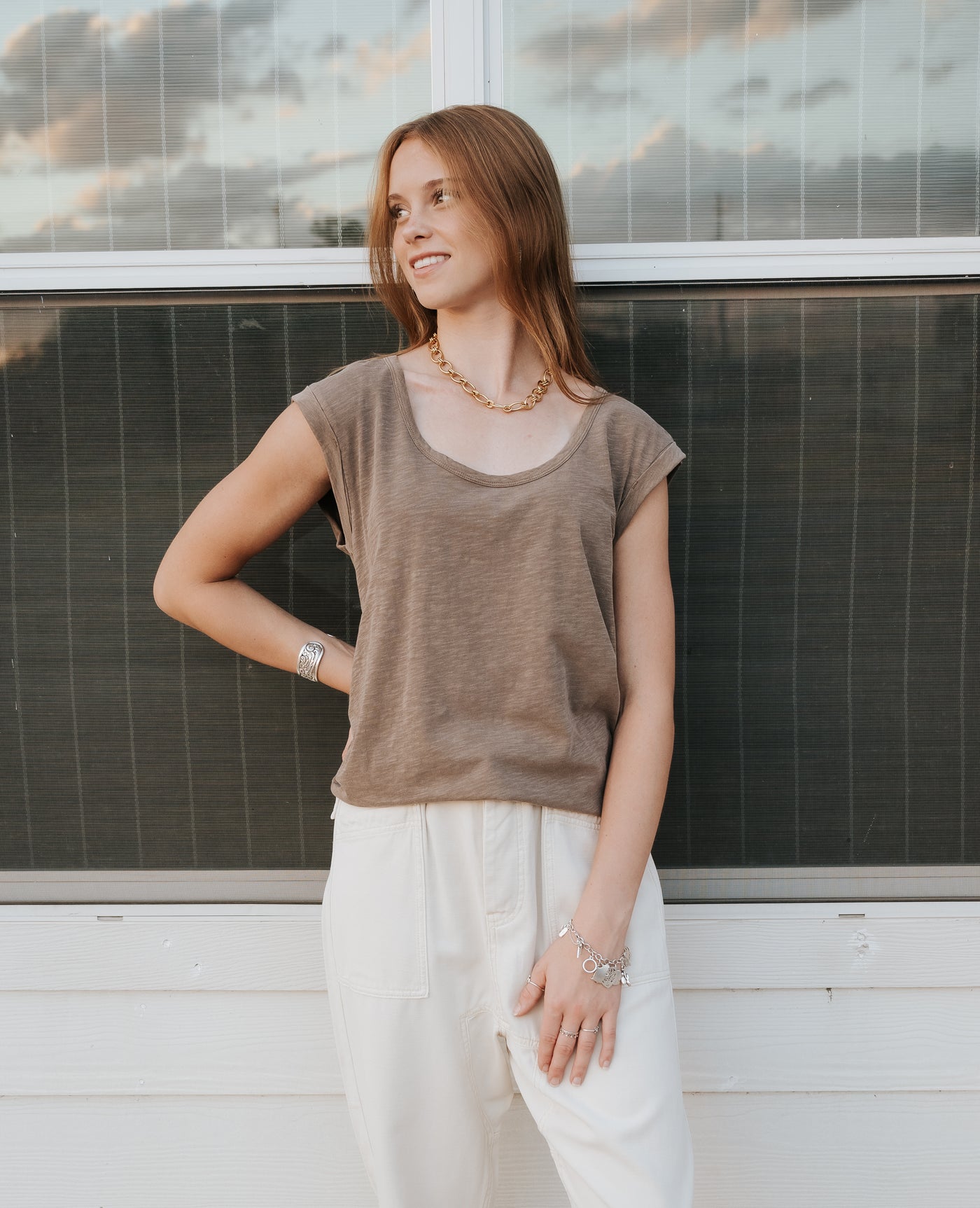 Beige Loose Fit Pants P4052