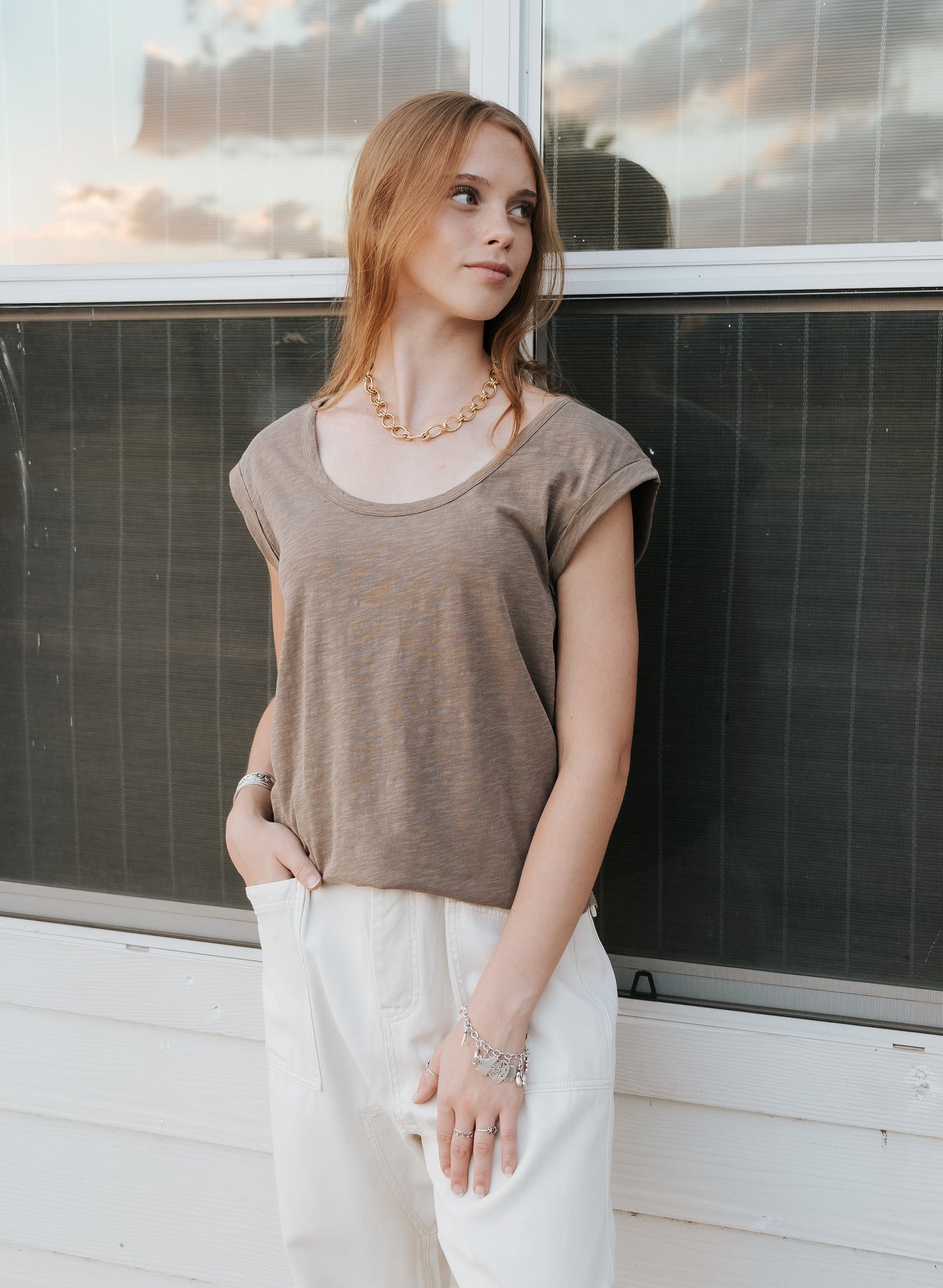 Beige Loose Fit Pants P4052