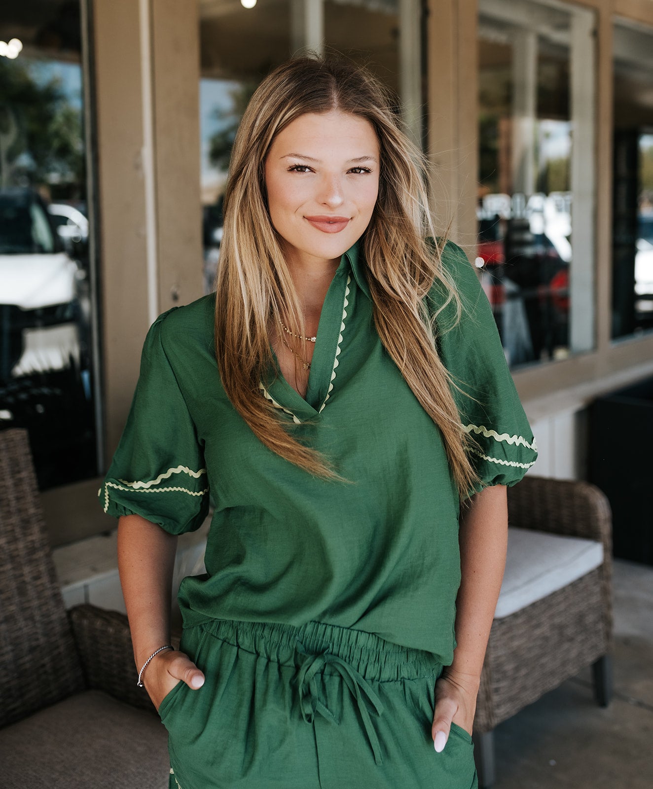 Green Puff Sleeve Blouse VB9032