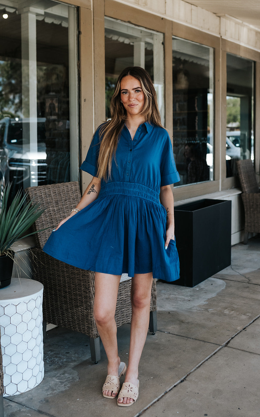 Navy SS Smock Button Dress VO50337