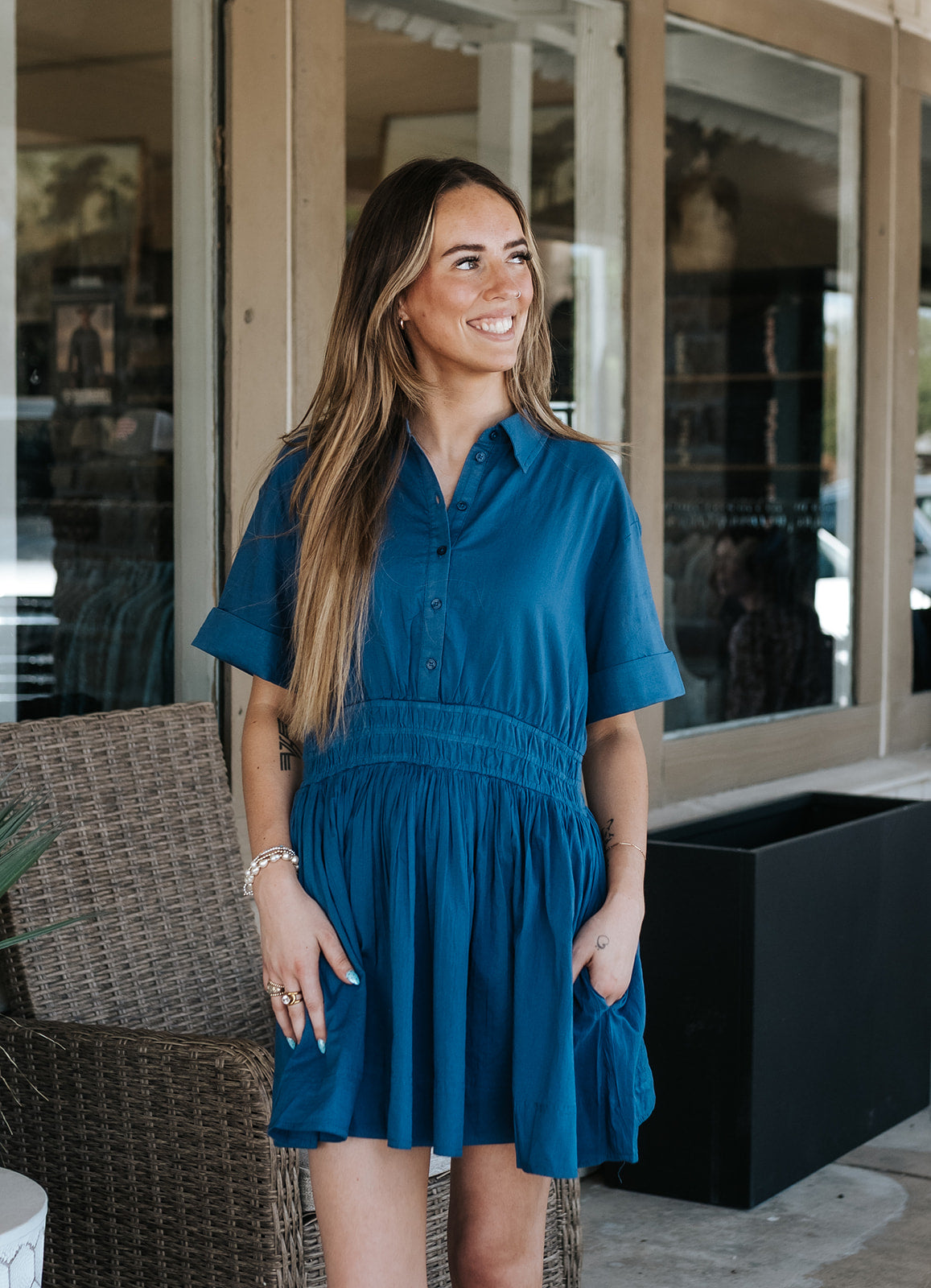 Navy SS Smock Button Dress VO50337