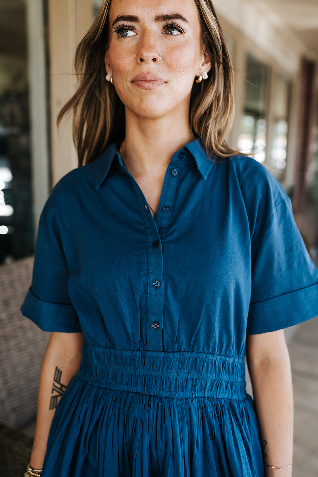 Navy SS Smock Button Dress VO50337