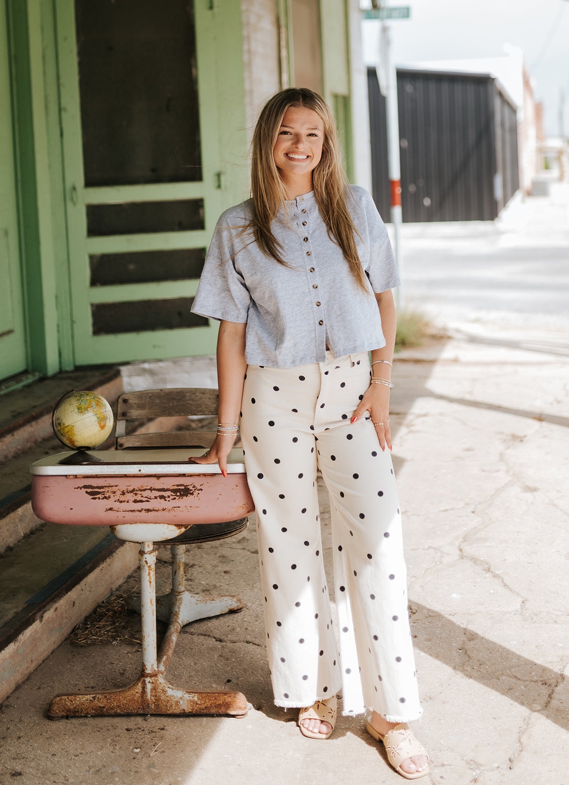Oatmeal/Navy Falling Petals Polka Dot Pants P10366LL